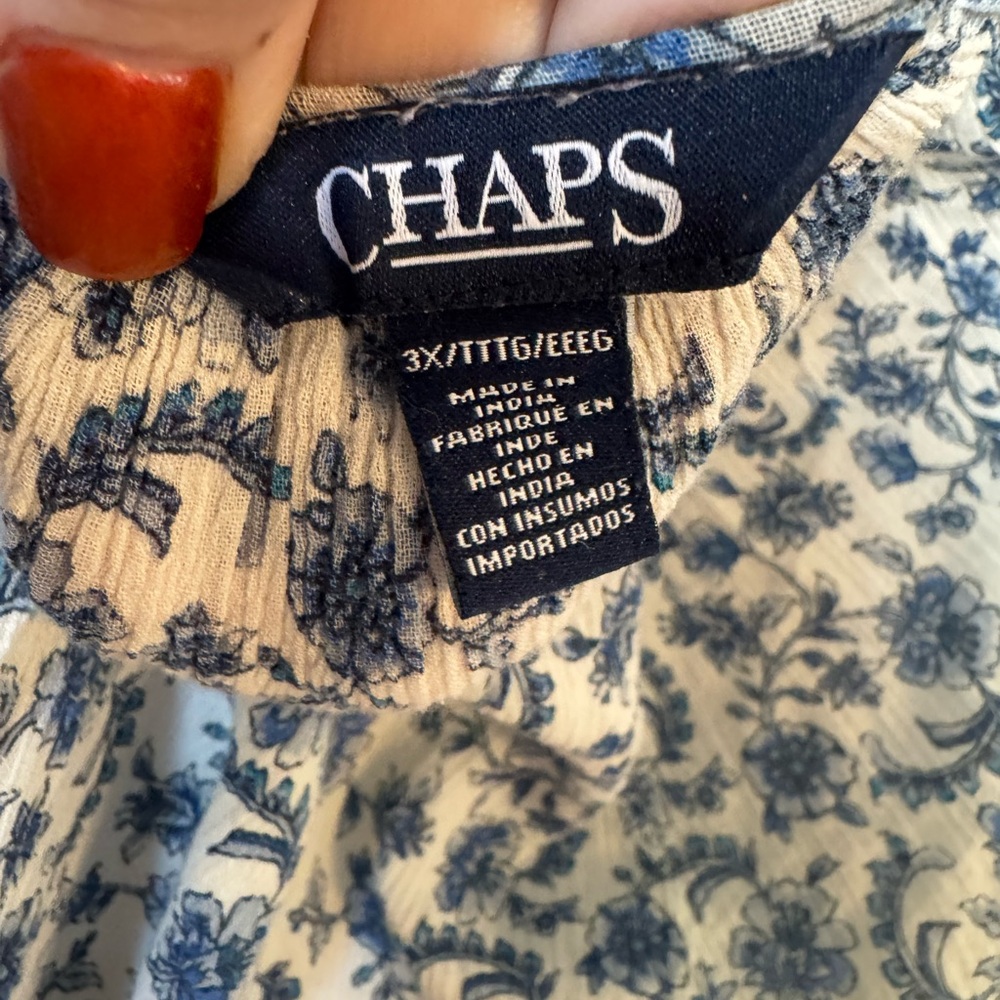 Chaps White and Blue Floral Boho Peasant Top   PLUS: 3X       #L - Picture 9 of 9